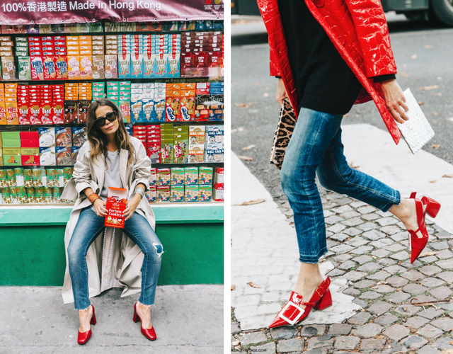 Looks de mujeres combinando zapatos rojos con la ropa