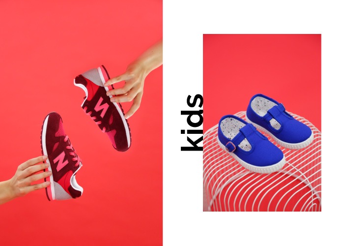 calzado rebajas kids con new balance en tonos rosas y deportivas azules para niños