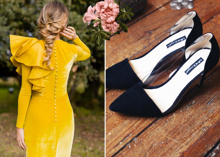 looks boda de día con vestido amarillo y zapatos stiletto negros de tacón y vinilo